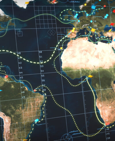 Virtual reality strategic world map with digital infographics overlay, pinned locations and sea routes
